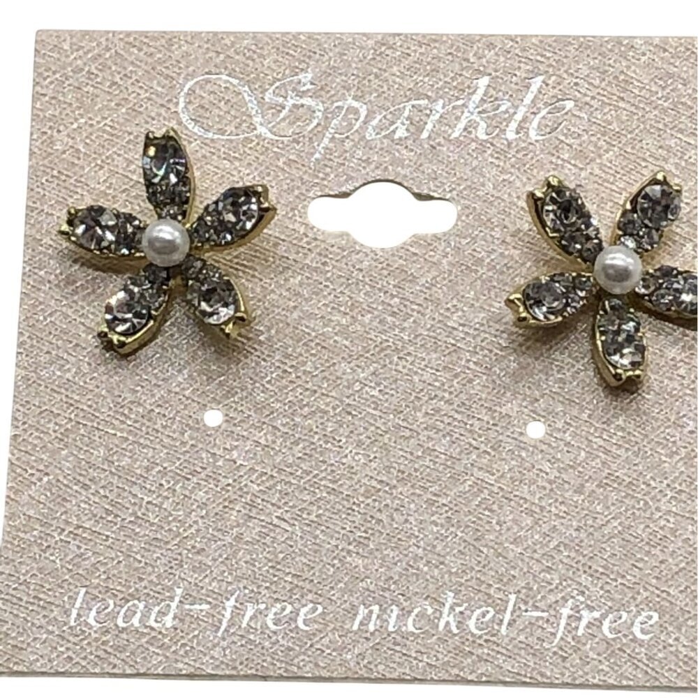 Sparkle Earrings Womens Floral Crystal Pearl Post Lead & Nickel Free Rhinestones